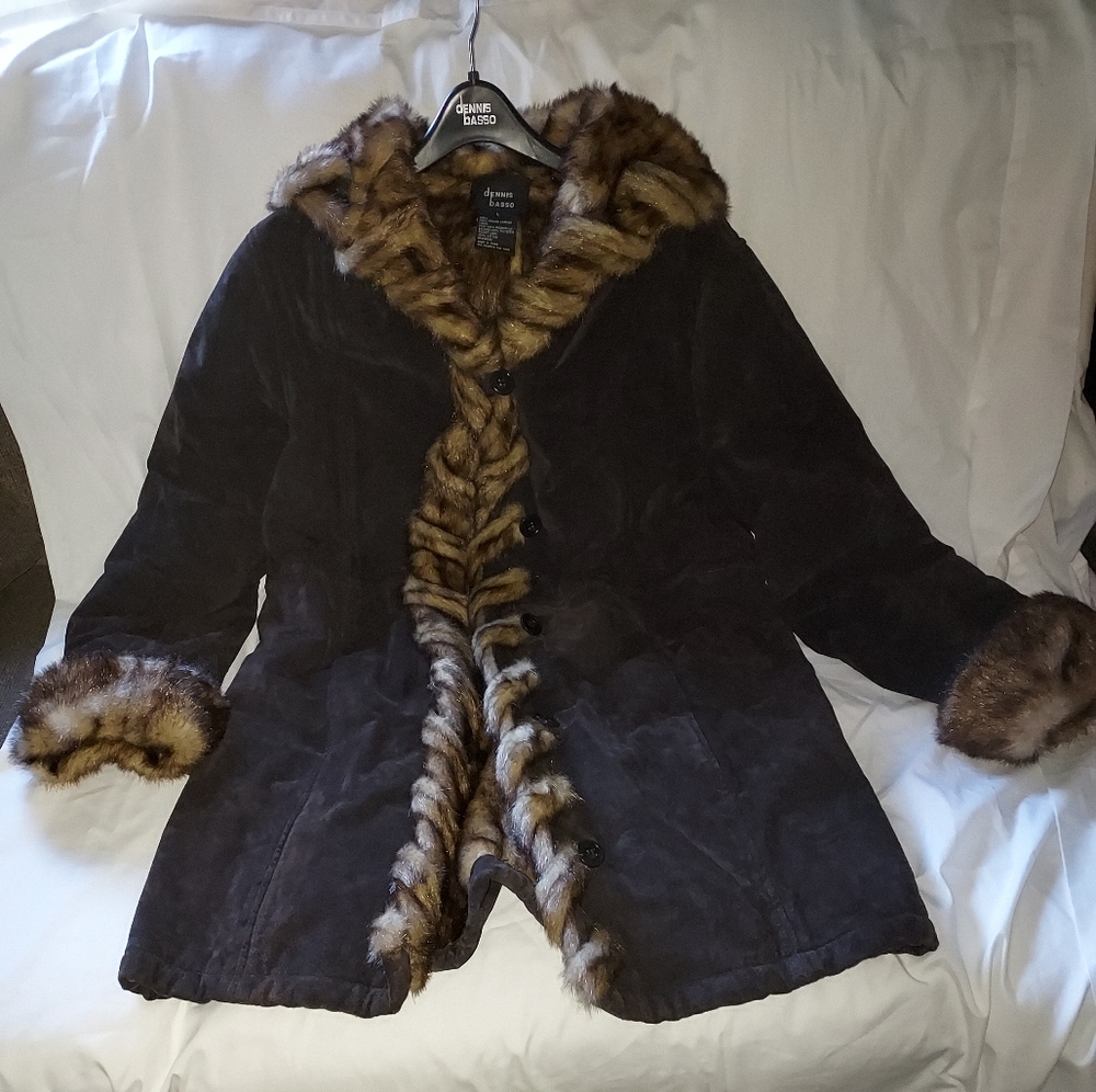 Dennis Basso Brown Suede and Faux Fur Coat